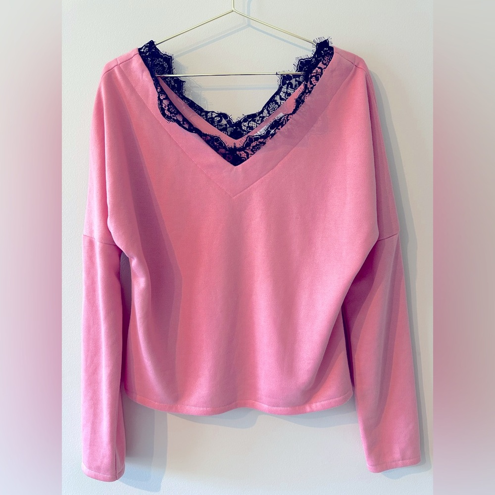 After Market Pink Sweater with Black Collar Lace Detail size Small. NWOT